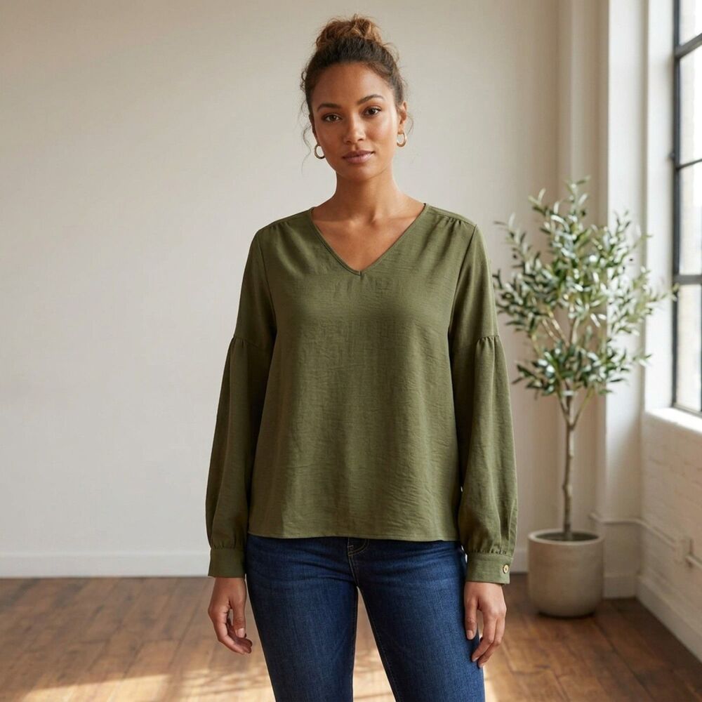 Rosa Fera Womens Olive Green V-Neck Long Puff Balloon Sleeve Blouse Top Size XXL